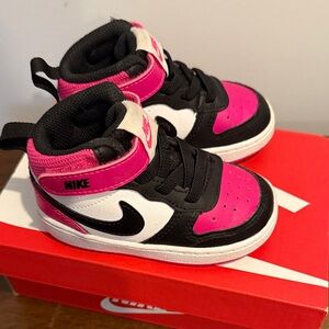 Nike Kids Court Borough Mid 2 Black/White/Fierce Pink Sneaker in Toddler Kids 5c